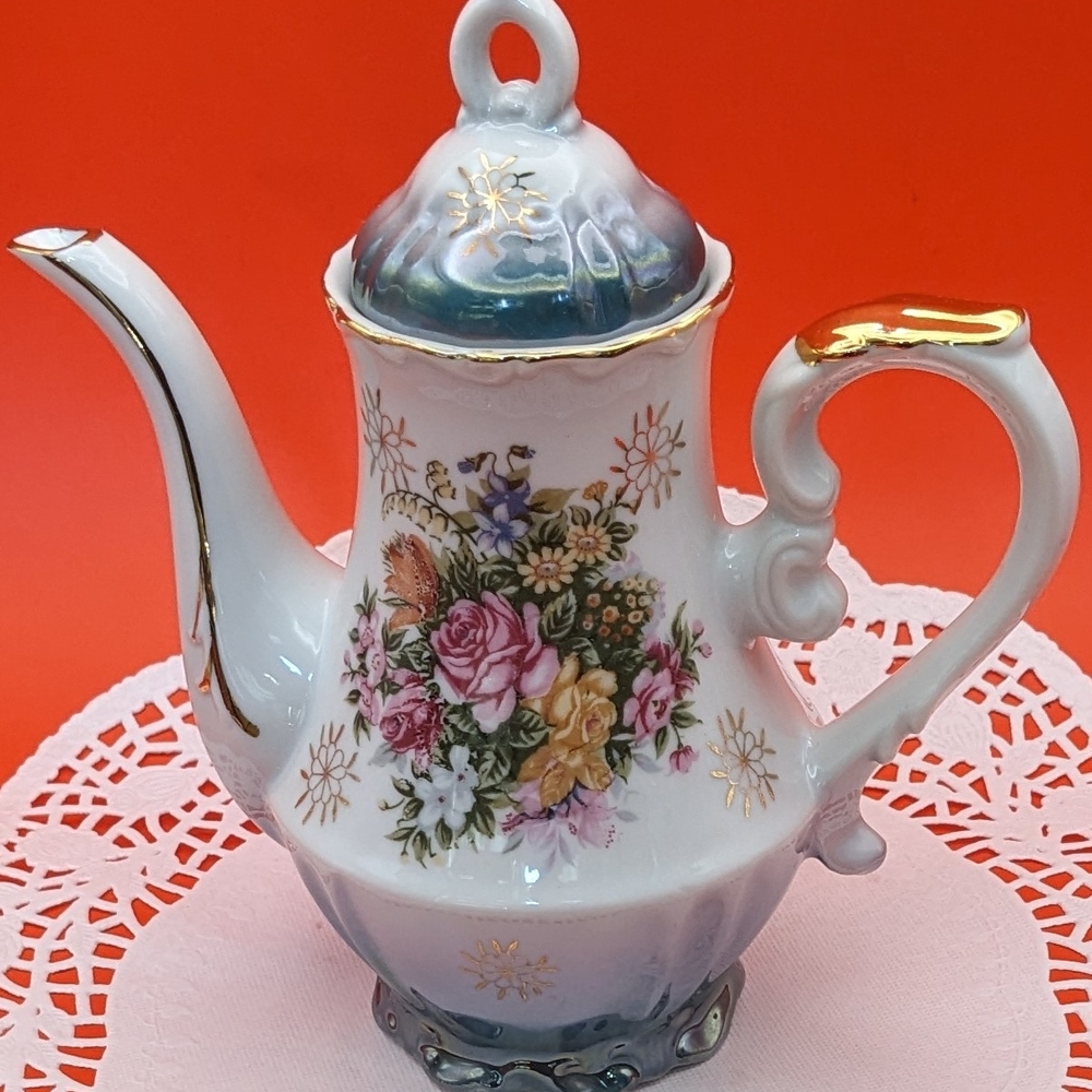 Vintage 50s Floral Porcelain Teapot with Gold Accents
